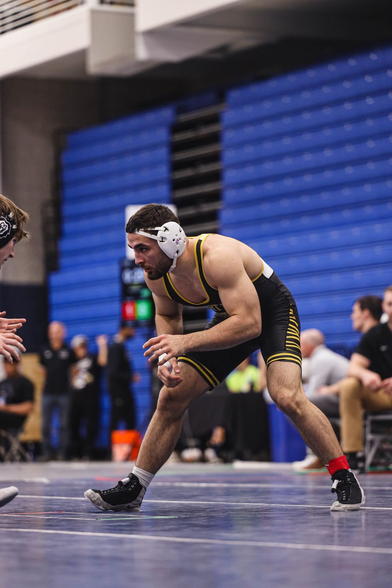 A wrestler in his stance in front of the blue stands at Regionals